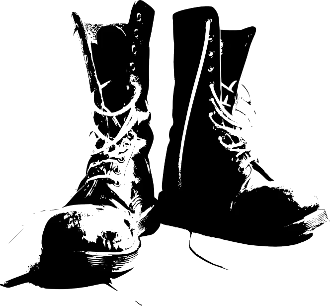 a black and white picture of a pair of boots, vector art, pixabay, sots art, militarism, grunge art, brightly-lit, stencil art