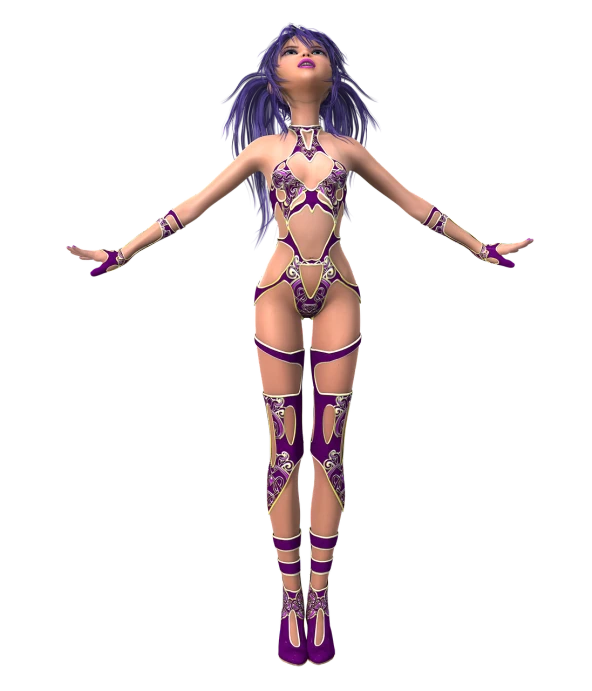 a 3d rendering of a woman with purple hair, a raytraced image, inspired by Alison Kinnaird, arabesque, bikini-armor, pvc poseable, astral witch clothes, costume desig