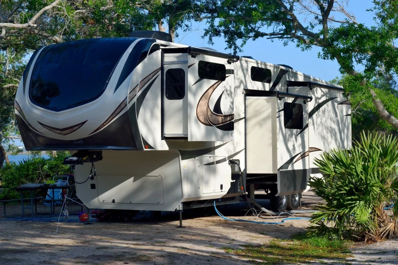 an rv parked in the shade of a tree, shutterstock, full-body-shot, panoramic, vacuum, full device