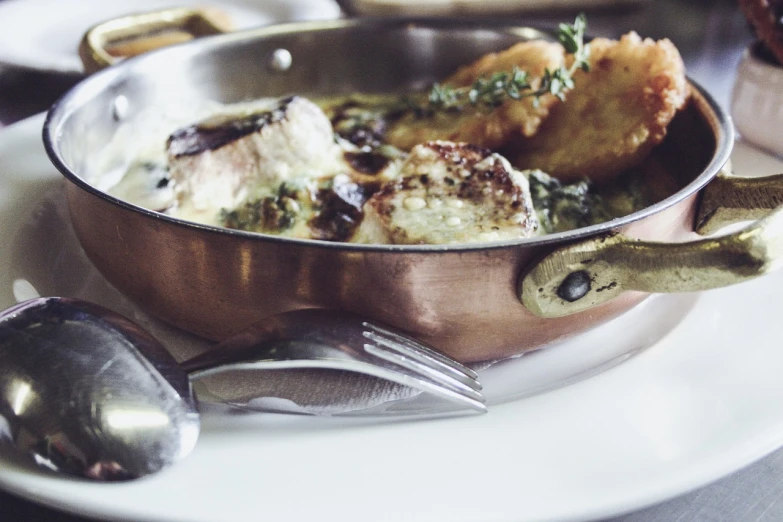 a bowl of food sitting on top of a white plate, by Emma Andijewska, unsplash, renaissance, shiny and metallic, chicken, copper and deep teal mood, cheesy