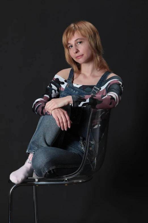 a beautiful young woman sitting on top of a chair, a portrait, flickr, jeans and boots, semi-transparent, filonov, headshot profile picture