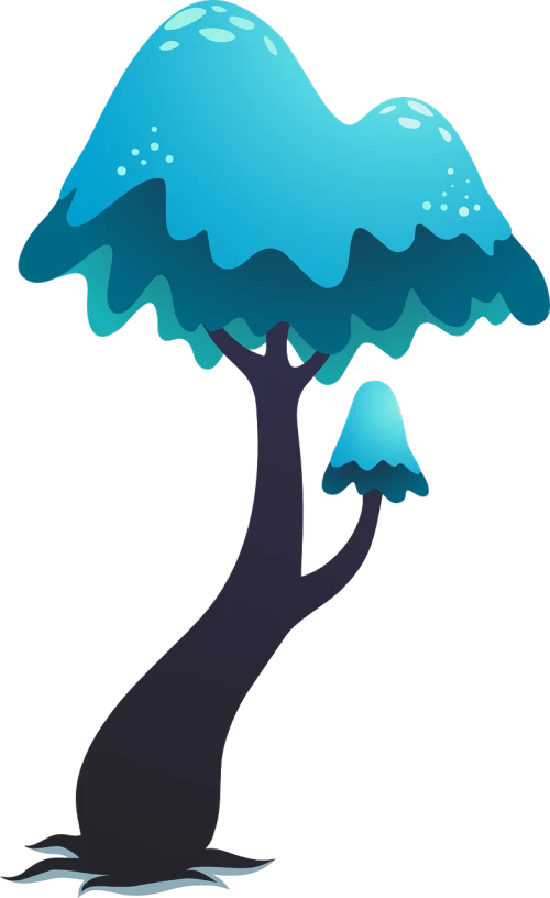 a tree with blue mushrooms growing out of it, concept art, amoled wallpaper, lineless, icey, [ bioluminescent colors ]!!