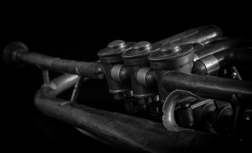 a black and white photo of a trumpet, a macro photograph, by Thomas Häfner, featured on zbrush central, bauhaus, old copper pipes, cycles engine, 2 4 mm iso 8 0 0, hoses:10