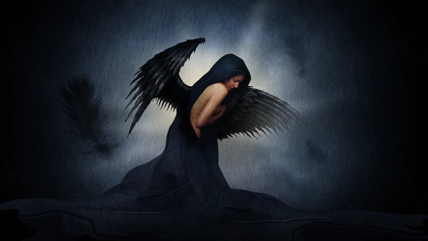 a woman in a black dress with black wings, inspired by Bastien L. Deharme, pixabay contest winner, like tears in rain time to die, mourning family, against a stormy sky, resting