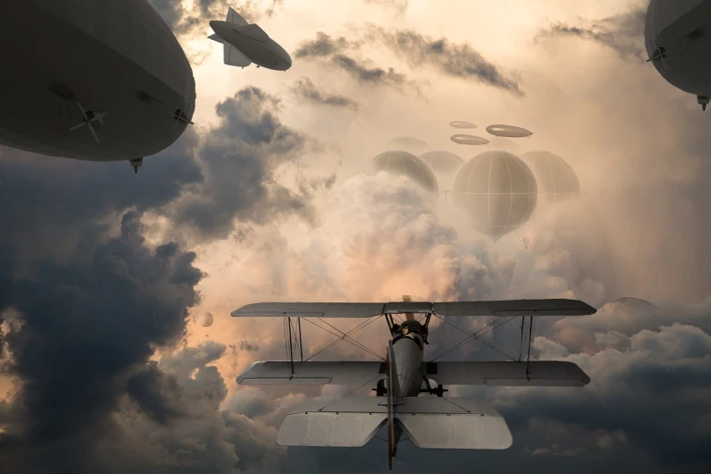 a couple of airplanes flying through a cloudy sky, a detailed matte painting, by Artur Tarnowski, conceptual art, world war one, floating spheres and shapes, epic multifigures composition, military photography