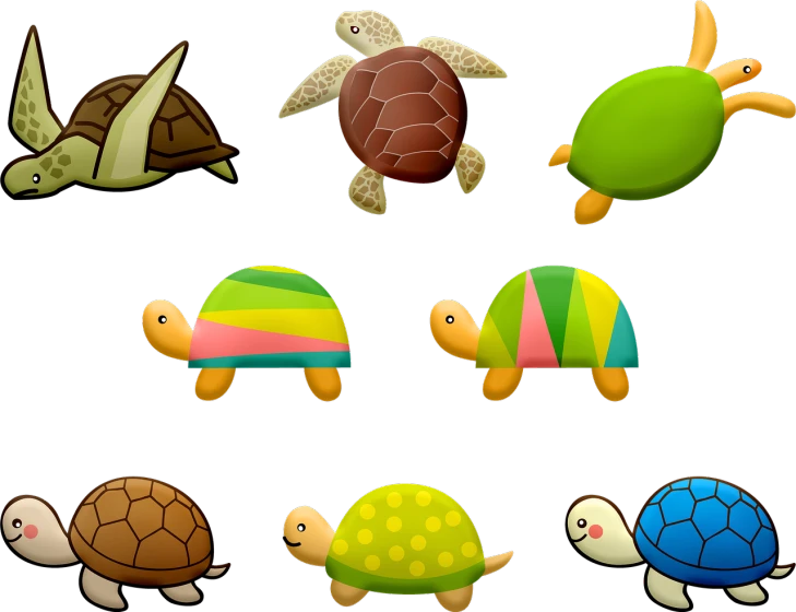 a group of cartoon turtles on a black background, vector art, by Hiromitsu Takahashi, trending on polycount, sōsaku hanga, shells, wooden art toys, low polygons illustration, tileset asset store