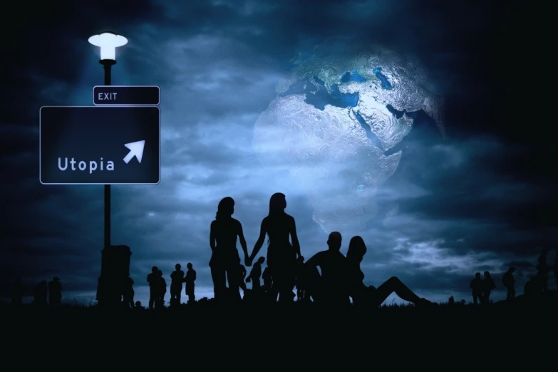 a group of people standing next to a street sign, a picture, by Anton Solomoukha, digital art, planet earth background, siluettes, some people are sitting, she is approaching heaven