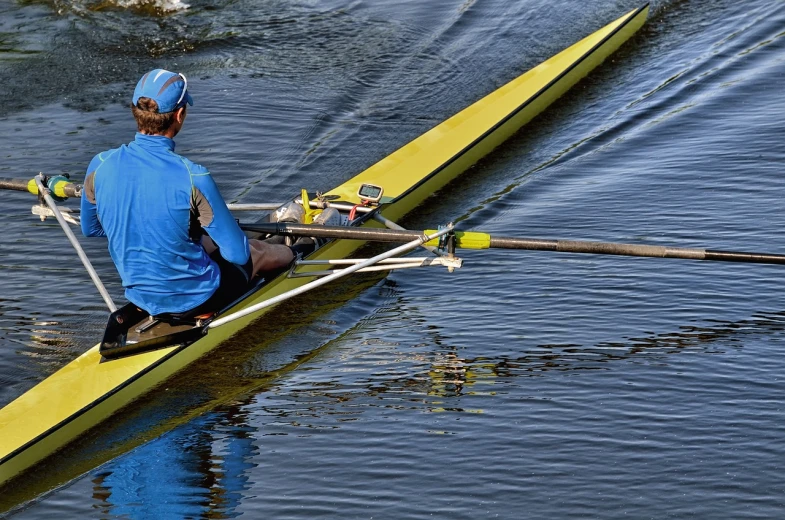 a man in a blue shirt rowing a yellow boat, by John Murdoch, pixabay, racing, full of details, banner, resting