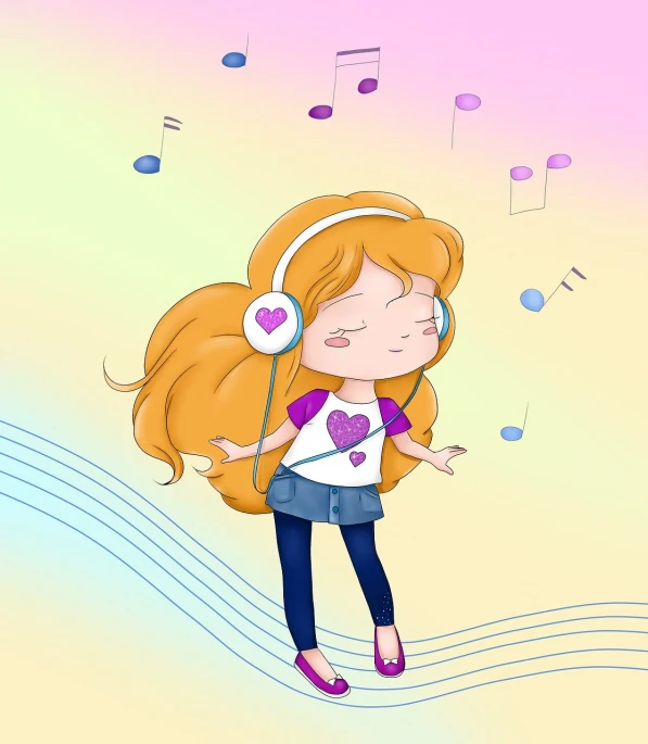 a cartoon girl listening to music with headphones, an anime drawing, star butterfly, she is dancing, hearts, childrens illustration