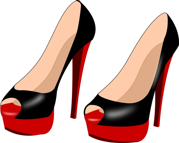a pair of black and red high heels, a cartoon, trending on pixabay, digital art, slides, crimson - black color scheme, platform, wikimedia commons
