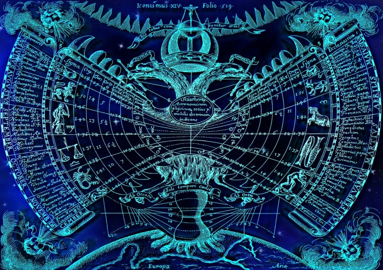 a close up of a map of the world, poster art, inspired by Earnst Haeckel, symbolism, stern blue neon atmosphere, an intact ancient alien ship, mobile wallpaper, star charts