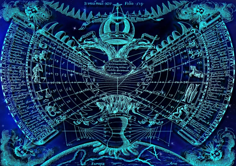 a close up of a map of the world, poster art, inspired by Earnst Haeckel, symbolism, stern blue neon atmosphere, an intact ancient alien ship, mobile wallpaper, star charts