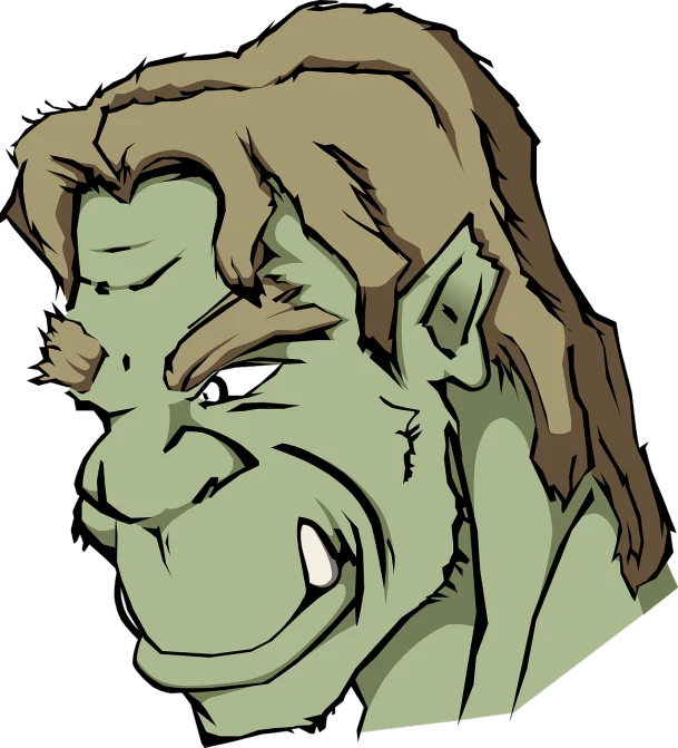 a close up of a cartoon face of a man, inspired by Zoltan Boros, trending on deviantart, female orc, full color illustration, hulk like physique, long haired humanoid fursona