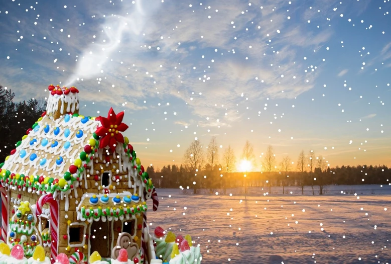 a gingerbread house sitting on top of a snow covered field, digital art, pixabay contest winner, sun rays through snow, 🐿🍸🍋, photo of a beautiful, profile picture 1024px