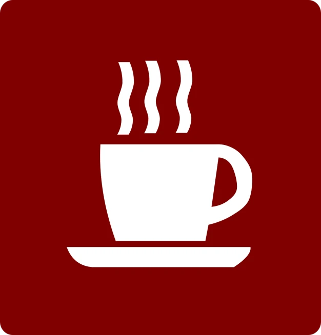 a cup of coffee with steam rising out of it, a digital rendering, by Andrei Kolkoutine, pixabay, folk art, maroon and white, in icon style, simplistic, deck