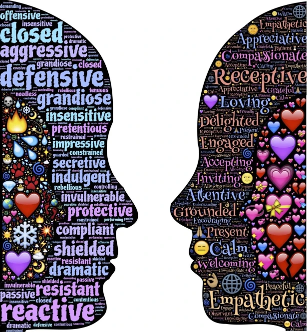 two silhouettes of a man and a woman with words all over them, by Robert Gavin, trending on pixabay, transgressive art, colorful character faces, clear detailed view, facing each other, ptsd