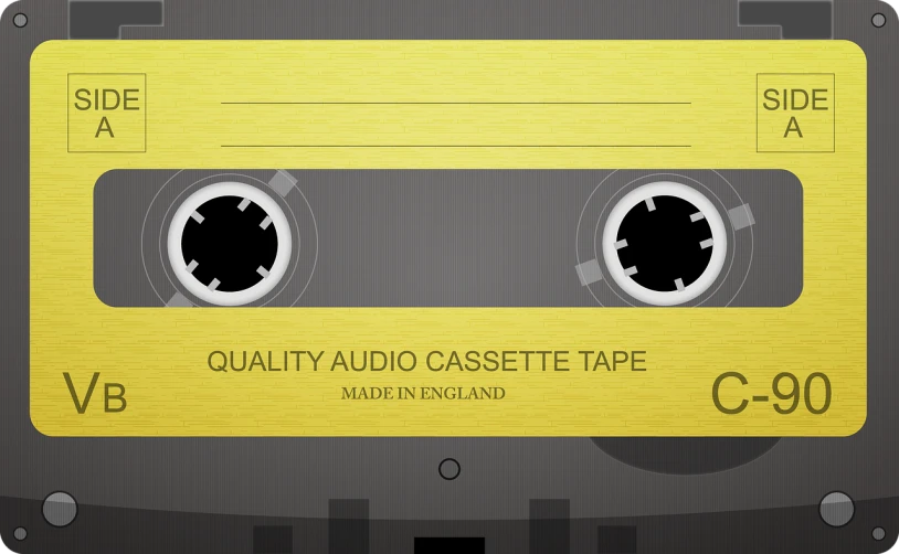 a close up of a yellow cassette tape, by Russell Chatham, shutterstock, made in adobe illustrator, with labels. high quality, quiet beauty, high quality”