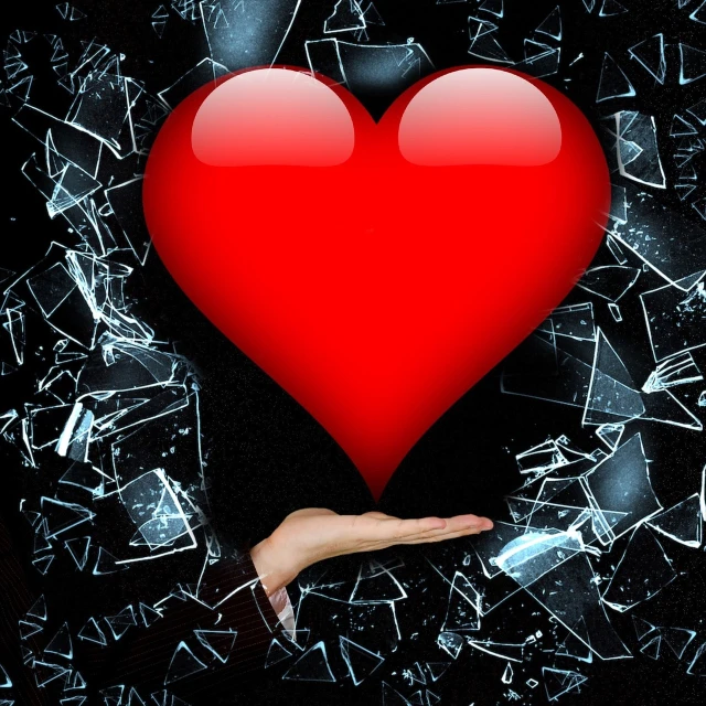 a person holding a broken glass heart in their hand, a photo, amazing contrasting background, computer generated, photo