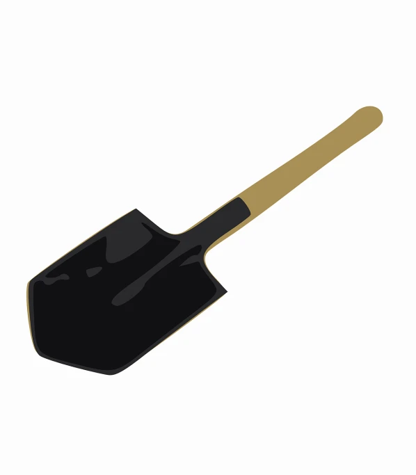 a black shovel with a wooden handle, an illustration of, by Kinichiro Ishikawa, folk art, ground angle, product photo, black gold color scheme, everyday plain object