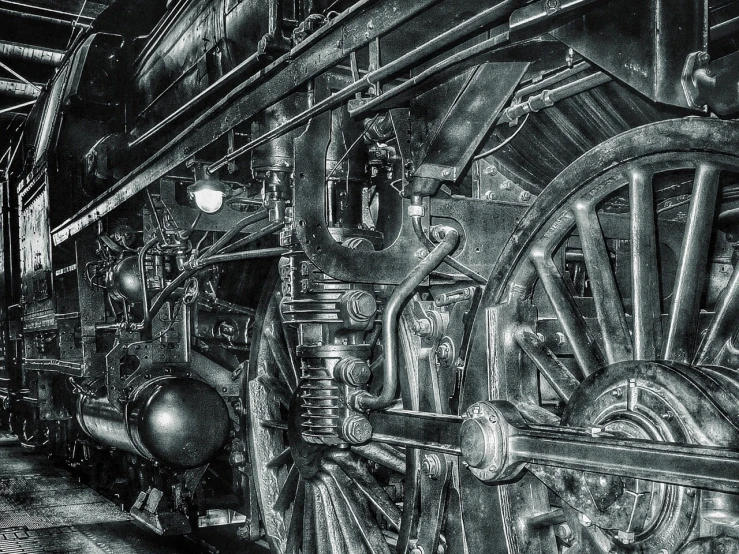 a black and white photo of a train engine, fine art, intricate detail realism hdr, in the museum, ((gears)), impressive detail : 7