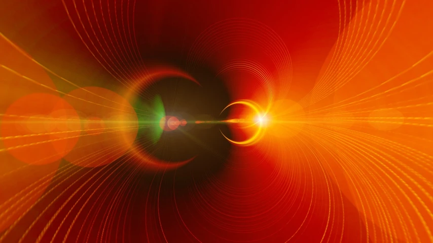 a computer generated image of a black hole, a digital rendering, by Konrad Klapheck, digital art, rays of golden red sunlight, vibrant red background, bright glowing instruments, lens flare photo real