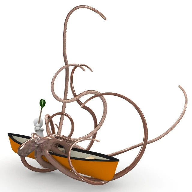 an octopus that is sitting in a boat, a surrealist sculpture, inspired by Rube Goldberg, 3d-render, computer generated, bow, in style of marcel duchamp