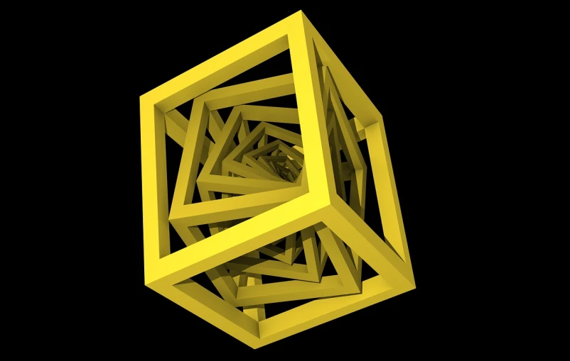 a close up of a yellow object on a black background, inspired by MC Escher, cubo-futurism, computer generated, golden ratio illustration