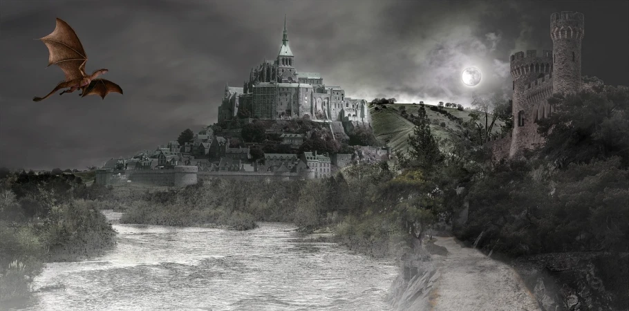 a dragon flying over a river in front of a castle, a matte painting, flickr, gothic art, silent hill landscape, normandy, howl\'s moving castle at night, house on a hill