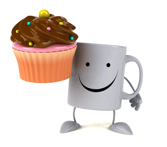 a cup that is holding a cupcake, a 3D render, inspired by Muggur, focus on smile, smiling and dancing, full body close-up shot, high res render