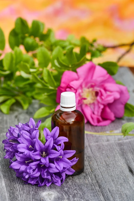 a bottle of essential oil next to a purple flower, by Rhea Carmi, shutterstock, fuchsia and blue, rustic, garden with flowers, high detail photo