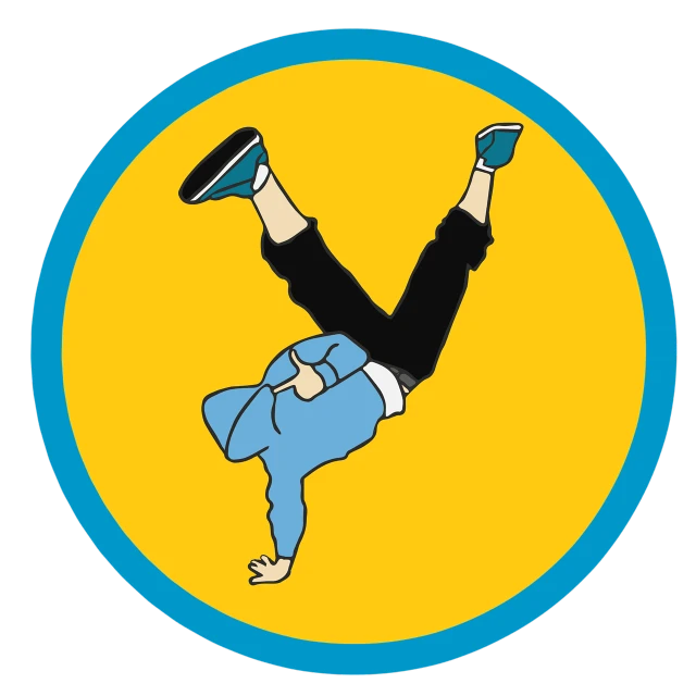 a person doing a handstand in a circle, a cartoon, inspired by Graham Forsythe, graffiti, yellow and blue and cyan, patch design, males and females breakdancing, headshot profile picture