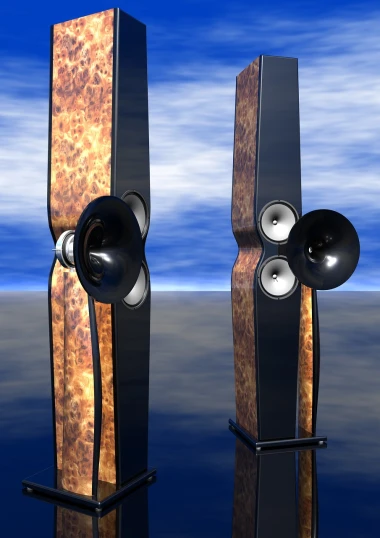 a pair of speakers sitting next to each other, a 3D render, by Jon Coffelt, conceptual art, hawaii, ebony, full lenght shot, wind