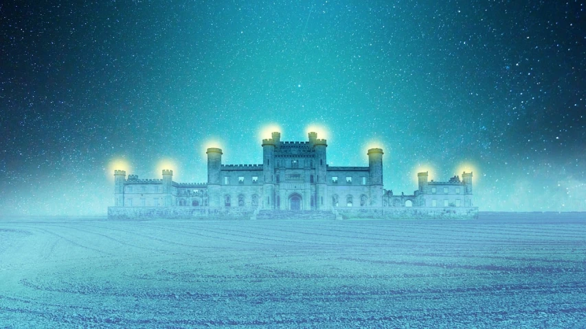 a castle sitting on top of a snow covered field, inspired by John Atkinson Grimshaw, shutterstock, art deco, cyan headlights, high res photo, symmetric lights and fog, restoration