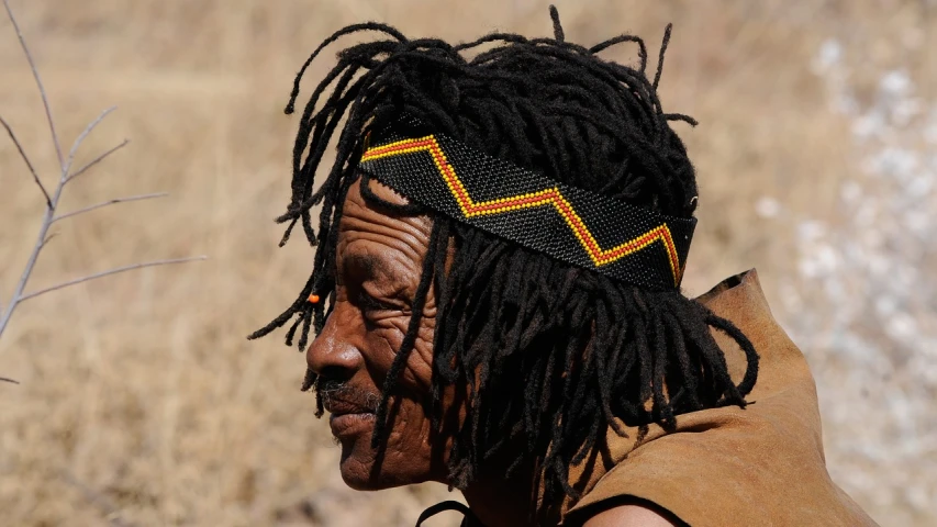 a man with dreadlocks standing in a field, by Dietmar Damerau, pexels contest winner, afrofuturism, made of beads and yarn, ethiopian civil war, profile close-up view, elder
