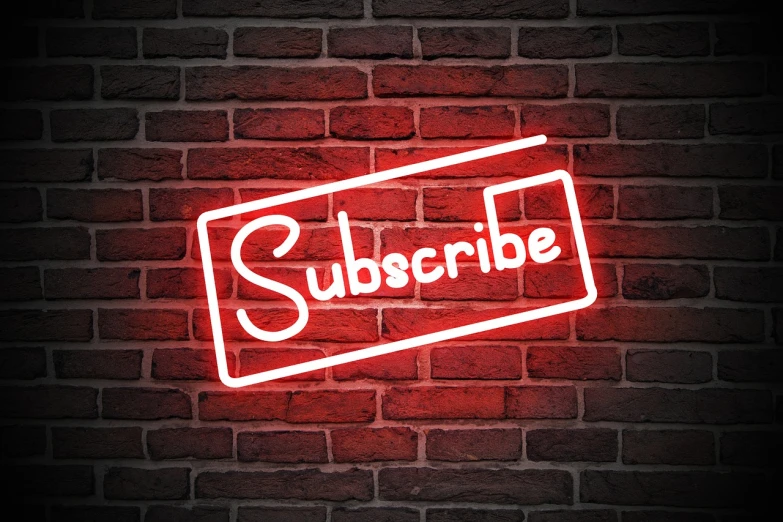 a neon sign that says subscribe on a brick wall, shutterstock, avatar image, red glow, video footage, background image