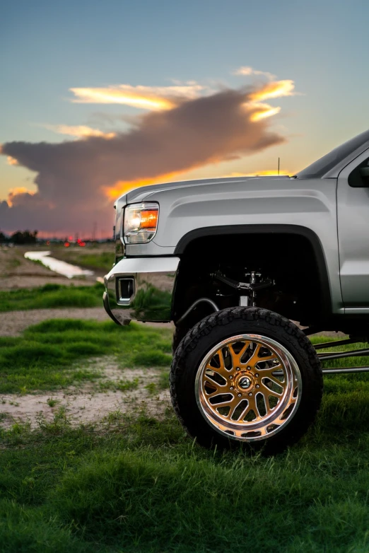 a silver truck parked on top of a lush green field, a portrait, by Austin English, golden hour closeup photo, full colored, silver gold red details, full body extreme closeup