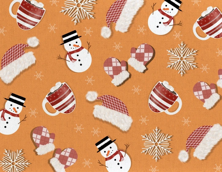 a pattern of snowmen and mittens on an orange background, a digital rendering, by Carol Bove, folk art, cozy cafe background, detail on scene, scrapbook paper collage, 1128x191 resolution