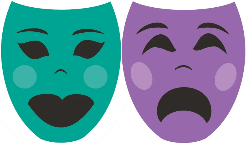 a couple of masks sitting next to each other, vector art, by Matthew D. Wilson, trending on pixabay, drama, grimace, flat colour, face made of notation