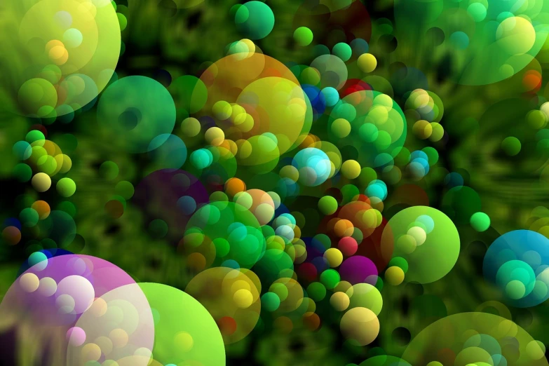 a bunch of different colored balls floating in the air, a raytraced image, generative art, full of greenish liquid, multiverse!!!!!!, microscopic photo, full of colour 8-w 1024