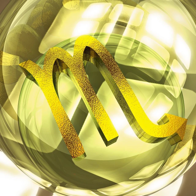 a gold zodiac sign in a glass bowl, a digital rendering, deviantart, mcdonalds, closeup photo, serpentine curve!!!, discovered photo