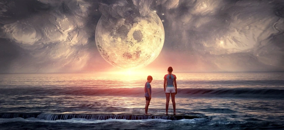 a couple of people that are standing in the water, pixabay, magical realism, moon landscape, girl looks at the space, photoreal epic composition, calmly conversing 8k