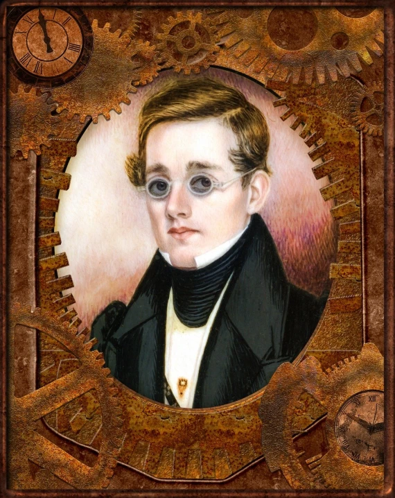 a painting of a boy in a suit and glasses, a digital rendering, inspired by Friedrich Traffelet, steampunk machinery, daguerreotype photograph, biedermeier, center frame portrait