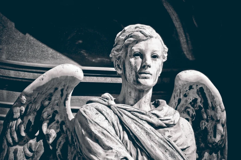 a black and white photo of a statue of an angel, a statue, neoclassicism, high detail and high contrast, angelheaded hipsters, carved marble, silver wings