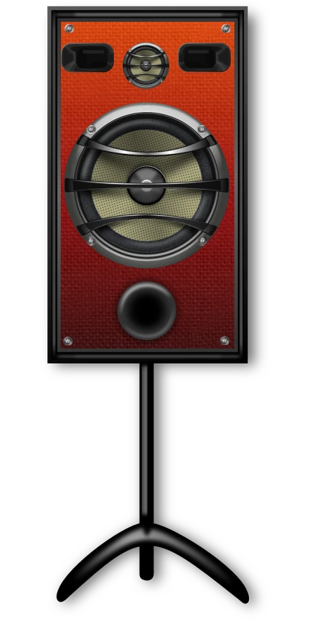 a speaker sitting on top of a stand, a digital rendering, inspired by Echo Chernik, pixabay, black and red only!!!, front face, acoustic information, bass