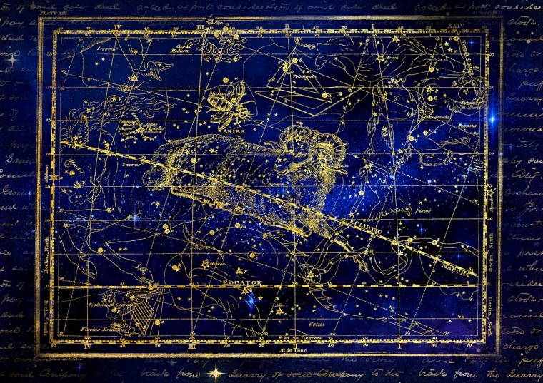 a close up of a map of the night sky, by Zofia Stryjenska, shutterstock, space art, 19th-century, golden taurus, blueprint of spaceship, on a clear magnificent night sky