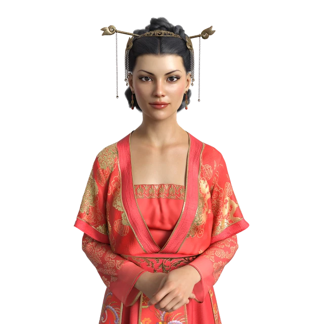 a woman in a red dress posing for a picture, a digital rendering, inspired by Lan Ying, renaissance, japonisme 3 d 8 k ultra detailed, tang dynasty, orange robe, traditional female hairstyles