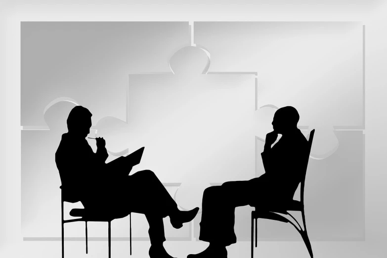 a couple of people that are sitting in chairs, pixabay, digital art, business meeting, background is white and blank, interview, book