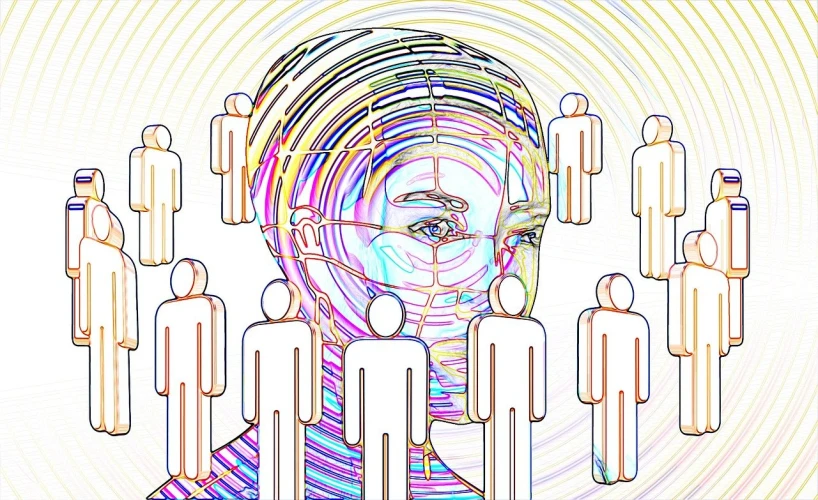 a drawing of a woman surrounded by a group of people, digital art, by Jon Coffelt, digital art, see through glass hologram mask, vector line - art style, rainbow geometric face, ai researcher