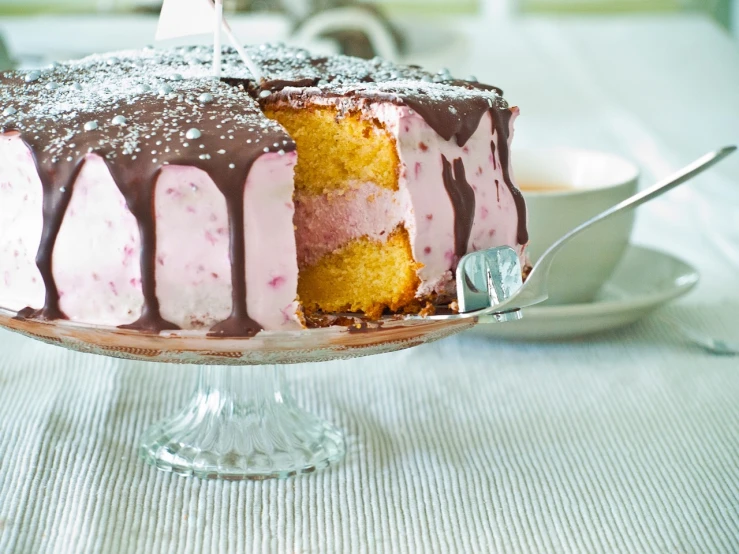 a cake sitting on top of a glass cake plate, a pastel, by Dietmar Damerau, shutterstock, cut-away, grain”, swedish, recipe