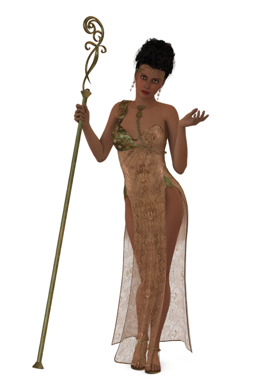 a woman in a gold dress holding a spear, inspired by E. Charlton Fortune, cg society contest winner, art nouveau, ( ( dark skin ) ), body meshes, elderly greek goddess, hot reptile humanoid woman